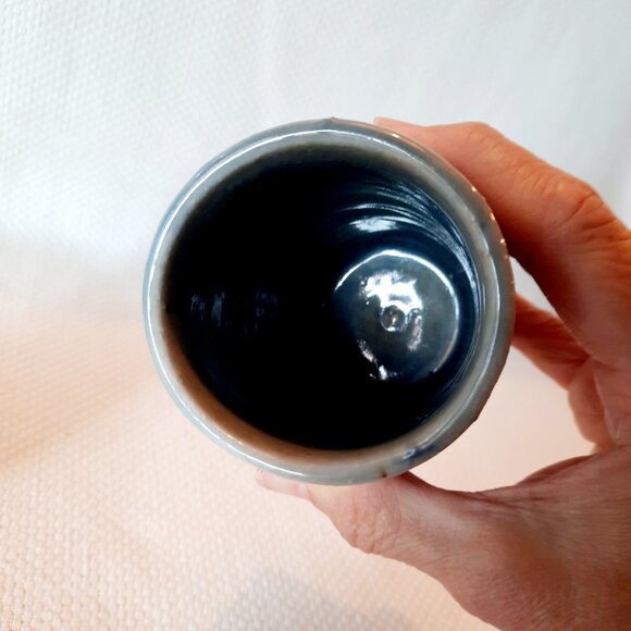 Set of 2 Small Hand Thrown Pottery Cups or Vases, Blue with Dahlia Design - Picture 4 of 5